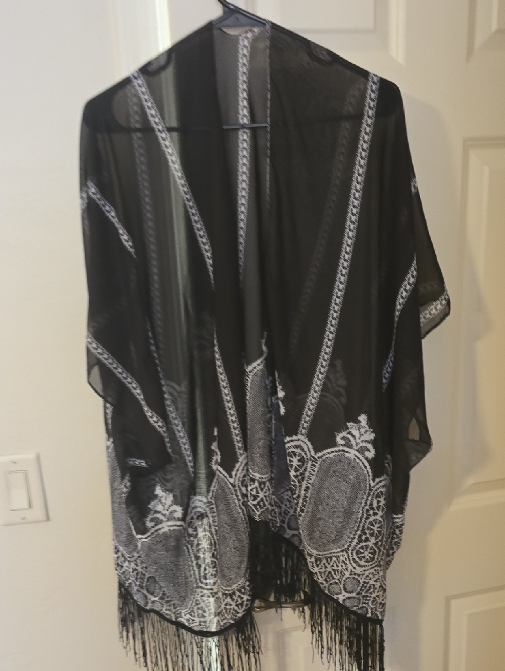 Black Sheer Fringe Kimono with White Crochet Print